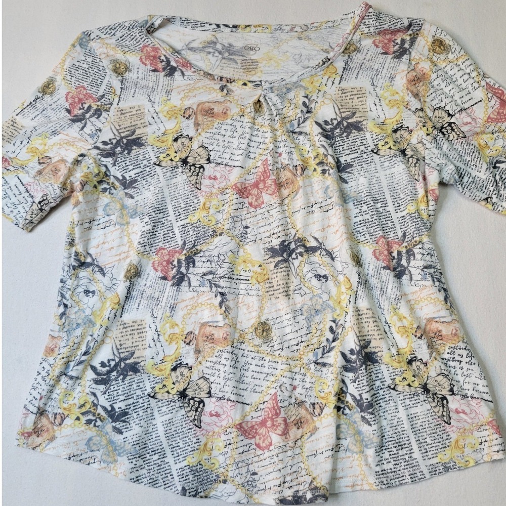 Cato Newsprint Butterfly Floral Chain Print Short Sleeve Top Large 2409